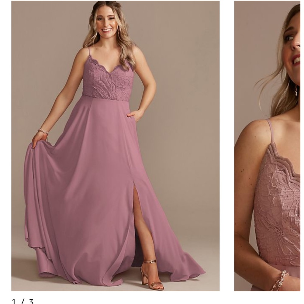 David’s bridal bridesmaid dress in color quartz with belt